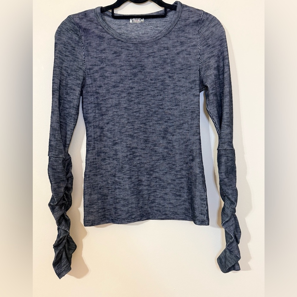 Free People Natasha Ruched Long Sleeve Top in Black and White Slub Knit